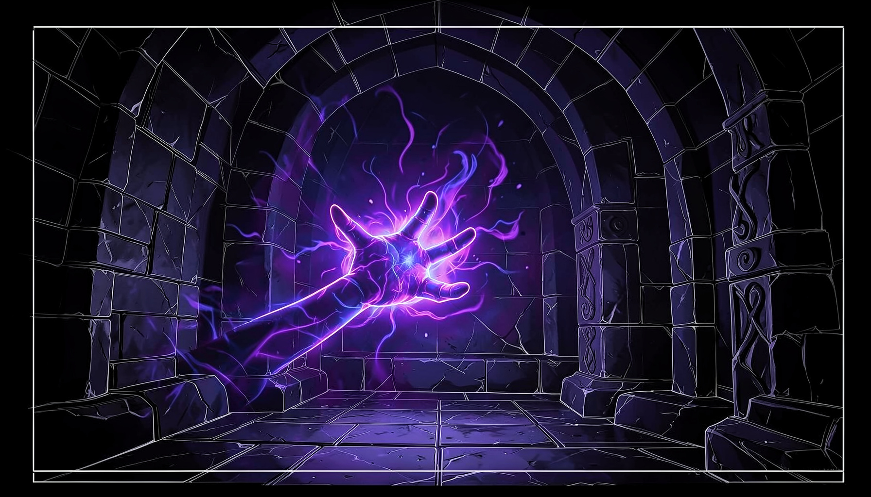 A dark fantasy scene with swirling violet and indigo magical energy radiating from an outstretched hand, set against a moody stone chamber lit by arcane glow.
