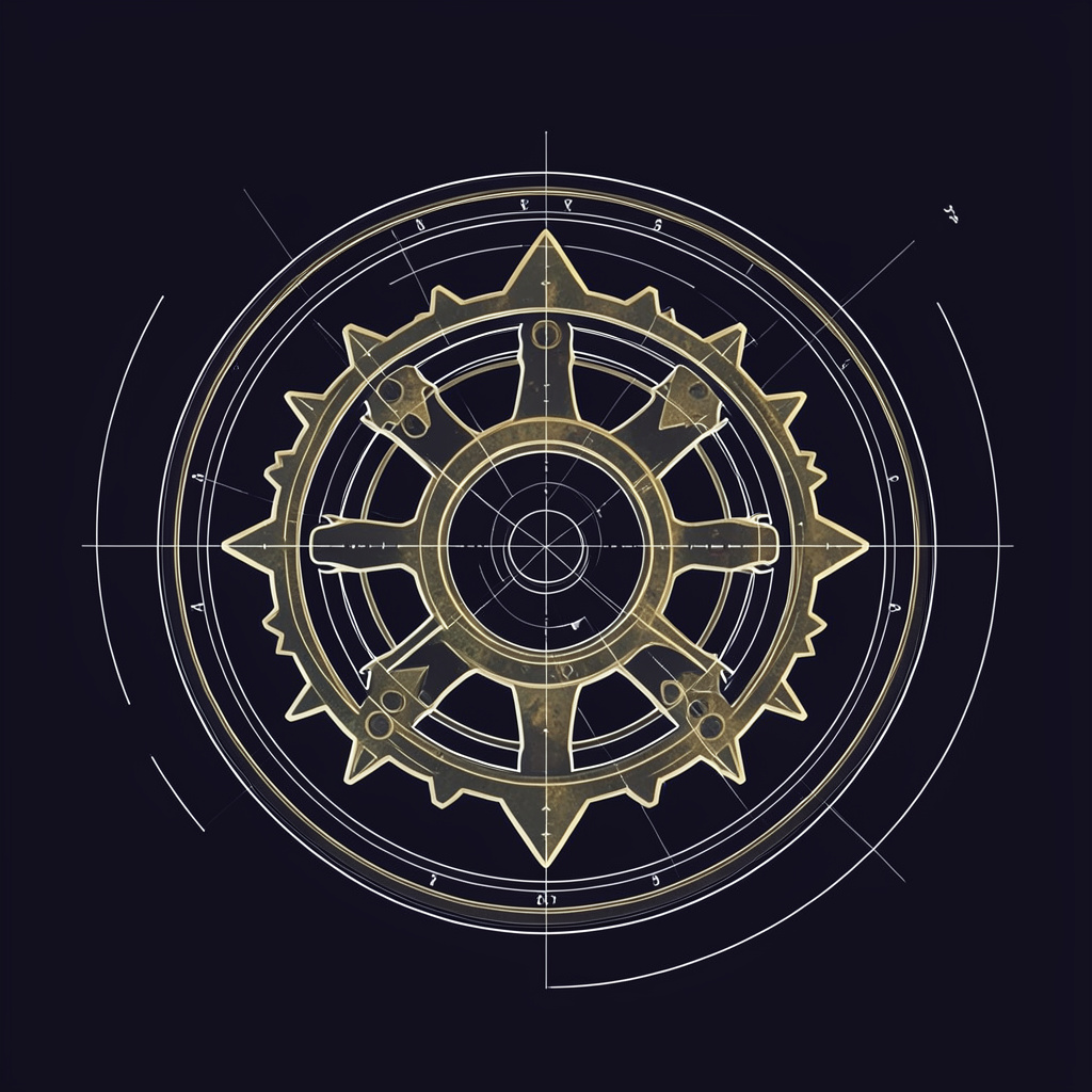 A circular emblem on a dark background featuring a stylized mechanical gear motif in muted gold and brass tones, evoking a fantasy clockwork aesthetic