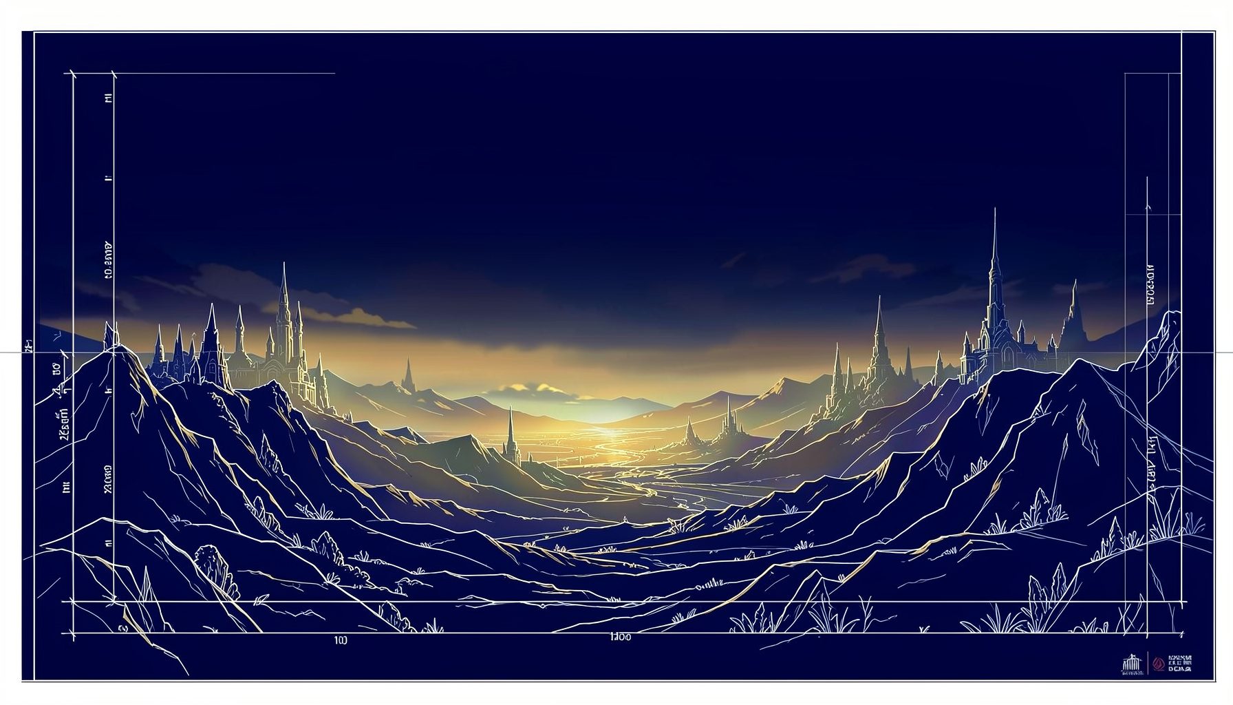 A wide atmospheric banner in deep indigo and muted gold, showing a stylized fantasy landscape with distant spires and a soft glowing horizon, conveying a sense of epic adventure